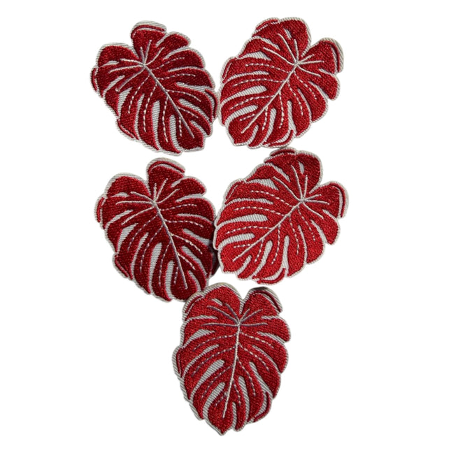 Iron - On Embroidered Appliqué – Red Monstera Leaf Patch - Kahanne Fabrics
