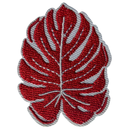 Iron - On Embroidered Appliqué – Red Monstera Leaf Patch - Kahanne Fabrics