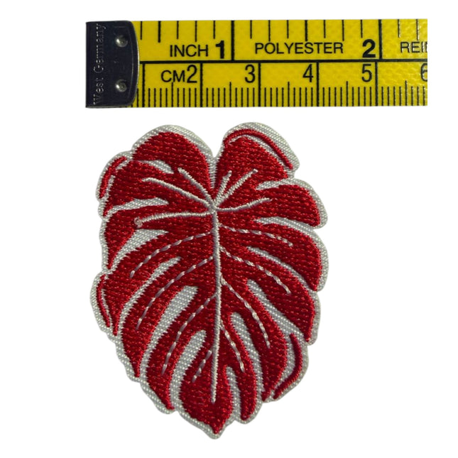 Iron - On Embroidered Appliqué – Red Monstera Leaf Patch - Kahanne Fabrics