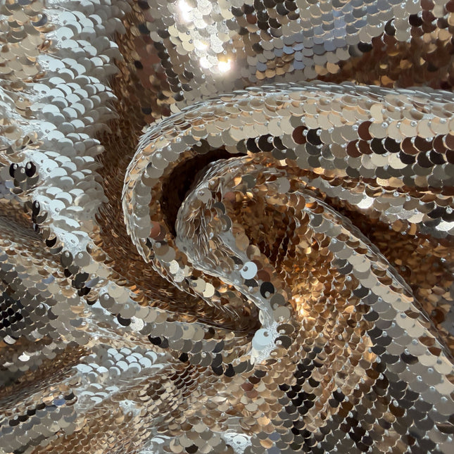Reversible Sequin Fabric, Fish Scale Mermaid, White / Rose Gold, Sold by: 1/2 yard