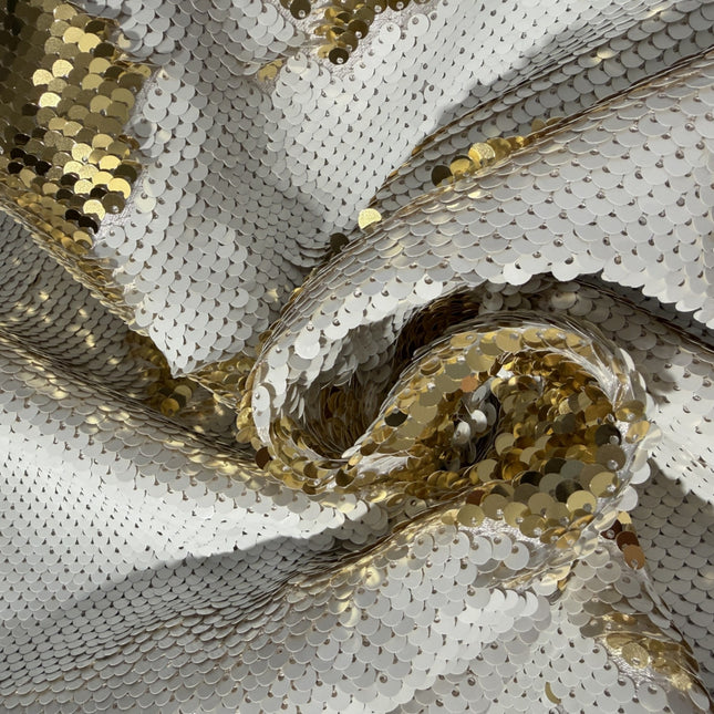 Reversible Sequin Fabric, Fish Scale Mermaid, White / Gold