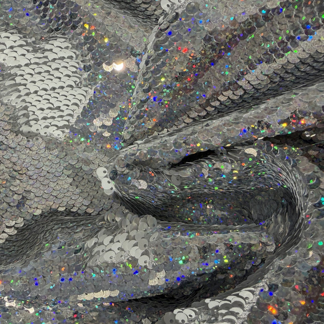 Reversible Sequin Fabric, Fish Scale Mermaid, Holographic / White