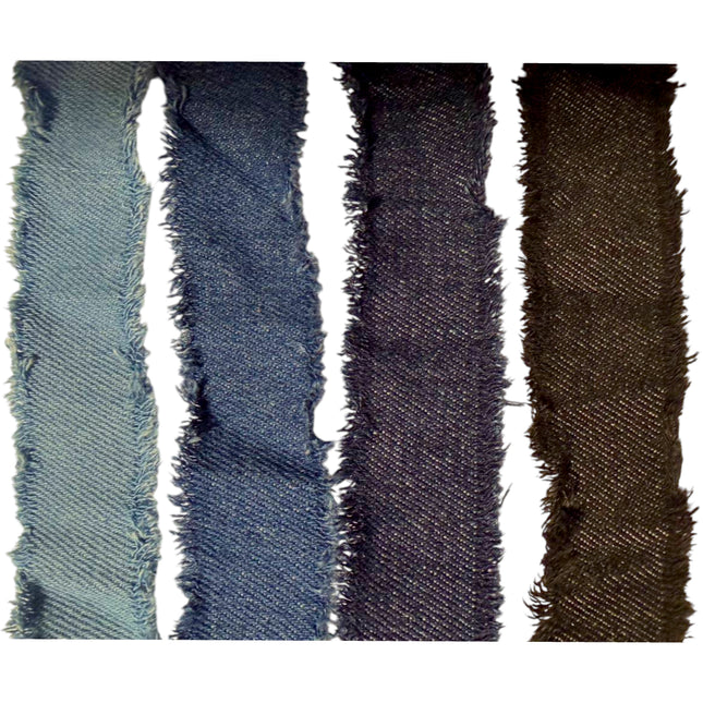 Four strips of denim fabric in different shades on a white background