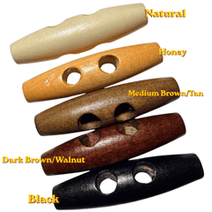 Oval wooden toggle buttons in five colors — natural, honey, tan, walnut, and black