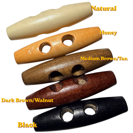 Oval wooden toggle buttons in five colors — natural, honey, tan, walnut, and black