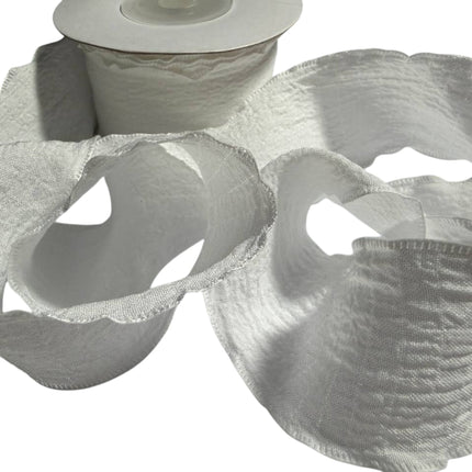 Crinkle Chiffon Ribbon with Ruffled Edges White color - Kahanne Fabrics