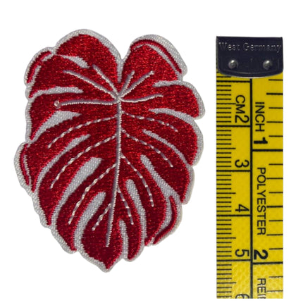 Iron - On Embroidered Appliqué – Red Monstera Leaf Patch - Kahanne Fabrics